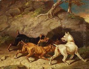 Tre Hunde Ved En Raevegrav by Carl Fredrik Kiorboe