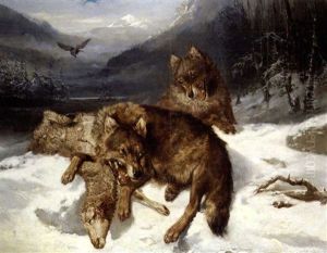Ulve Fortaerer Et Bytte I Et Bjerglandskab by Carl Fredrik Kiorboe