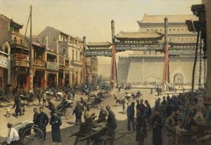 Belebte Pekinger Strasenszene Vor Dem Quianmen Tor