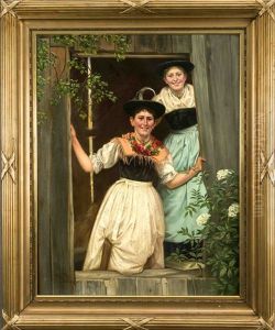 Zwei Schwestern In Trachten Blicken Durch Die Offene Stallpforte by Otto Karl Kirberg