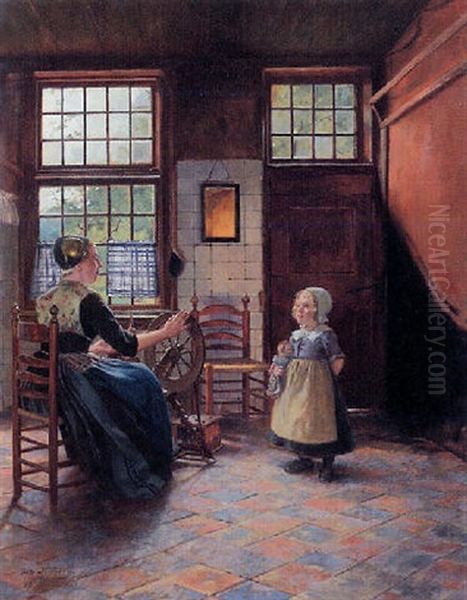 Kitchen Interior With A Mother At A Loom And A Child Holding A Doll - view 1