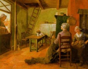 Interieur Mit Netzflickenden Fischerfrauen by Otto Karl Kirberg