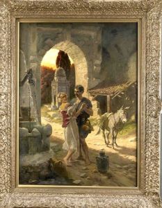 Tanzendes Paar An Einem Brunnen Unterhalb Des Stadttores In Italienischer Landschaft by Johann Frank Kirchbach