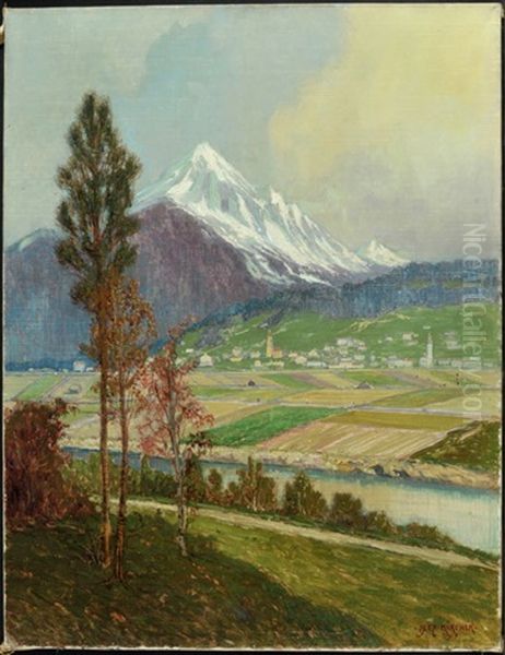 Berglandschaft Mit Dorfansicht Und Schneebedeckten Gipfeln - view 1