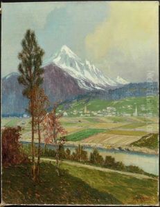Berglandschaft Mit Dorfansicht Und Schneebedeckten Gipfeln