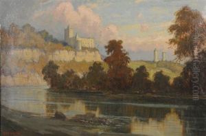 Abendfrieden. Fluslandschaft Mit Burganlage Im Abendrot