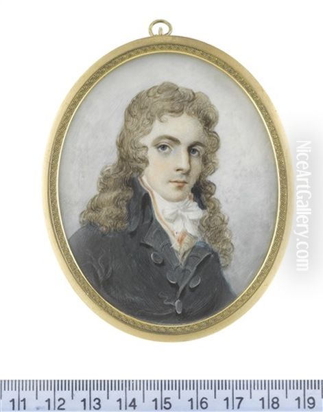 A Young Gentleman, Wearing Dark Blue Coat, White Waistcoat, Scarlet Solitaire, White Chemise, Stock And Cravat, His Long Hair Powdered - view 1