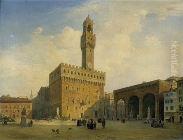 Stadtisches Treiben Auf Der Piazza Della Signoria Mit Palazzo Vecchio Und Loggia Dei Lanzi In Florenz - view 1