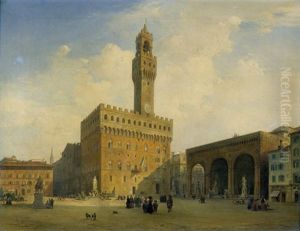 Stadtisches Treiben Auf Der Piazza Della Signoria Mit Palazzo Vecchio Und Loggia Dei Lanzi In Florenz by Albert Emil Kirchner