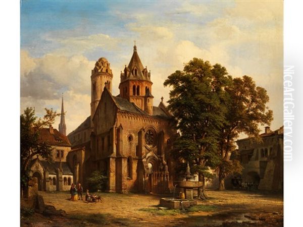 Blick Auf Eine Romanische Kirche Uber Den Vorhof Mit Brunnen Und Eichenbaumen Sowie Figurenstaffage - view 1