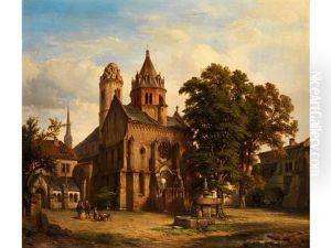 Blick Auf Eine Romanische Kirche Uber Den Vorhof Mit Brunnen Und Eichenbaumen Sowie Figurenstaffage