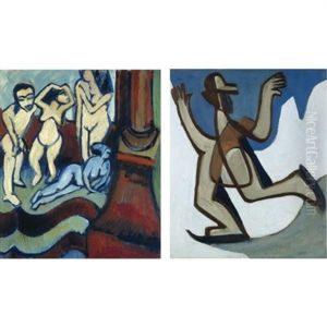 Vier Holzplastiken - Four Wood Sculptures (+ Schlittschuhlaufer - Ice Skater, Verso) by Ernst Ludwig Kirchner