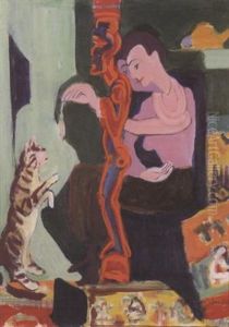 Frau Mit Katze Und Holzfigur by Ernst Ludwig Kirchner
