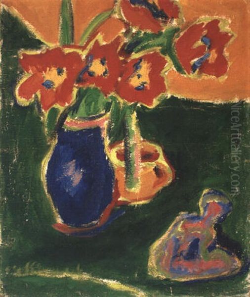 Rote Tulpen In Blauer Vase, Mit Skulptur - view 1