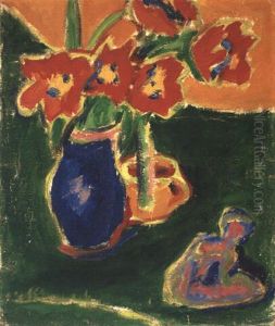 Rote Tulpen In Blauer Vase, Mit Skulptur by Ernst Ludwig Kirchner