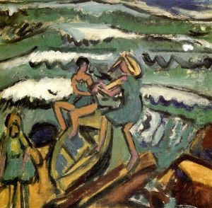 Drei Madchen Mit Boot In Brandung by Ernst Ludwig Kirchner