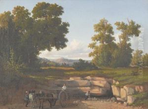 Sommerliche Landschaftspartie Mit Arbeitern Im Steinbruch. by Anton Bayer
