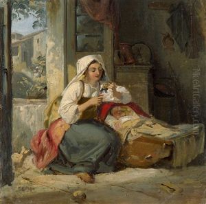 Sonniges Interieur Mit Junger Italienerin Und Ihrem Neugeborenen In Der Wiege