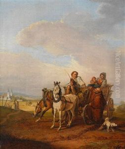 Bauernfamilie Mit Monch Und Pferdefuhrwerk by Johann Baptist Kirner