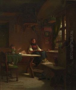 Lesendes Bauernmadchen In Der Stube by Johann Baptist Kirner