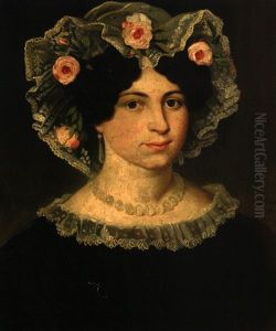 Portrait Einer Jungen Frau Mit Perlenkette, Spitzenhaube Mit Rosenbluten Und Schwarzen Kleid