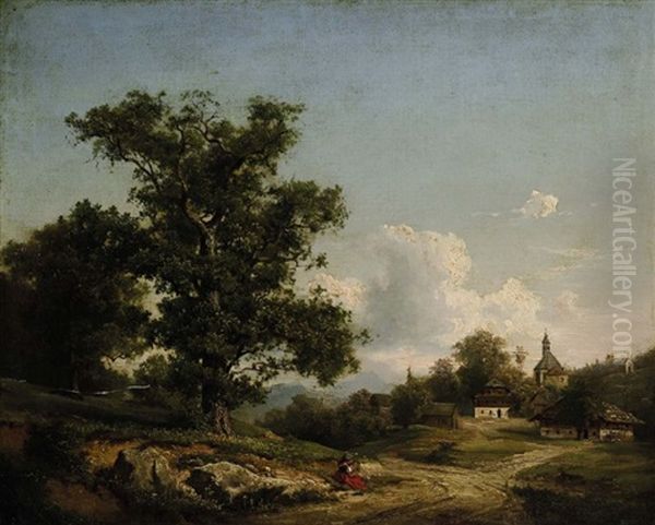 Landschaft Mit Kleinem Dorf Und Rastender Bauerin - view 1