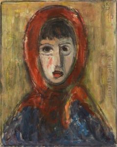 Portrait De Femme Au Foulard Rouge by Jecheskel David Kirschenbaum