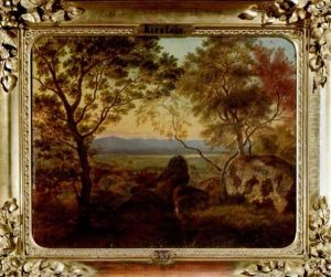 Blick Durch Zwei Baume Auf Eine Weite Vorgebirgslandschaft Im Licht Der Abendsonne by Adolf Kirstein