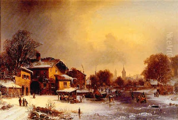 Figures On A Frozen River Before A Town - view 1