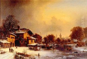 Figures On A Frozen River Before A Town