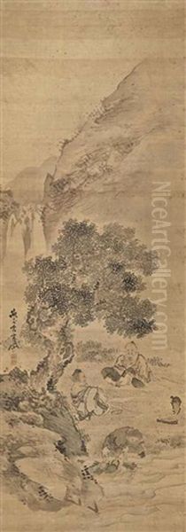 Sage Seated Under A Tree With Mountains And A Waterfall Behind Them - view 1