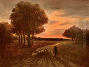 A Shephered With A Herd Of Sheep At Sunset by Jozsef Kiss