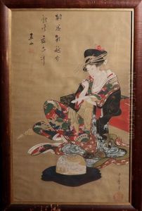 Rare Ukiyo-e Painting On Silk Signed By Litagawa Utamaro - Albert Gallatin Estate by Kitagawa Utamaro