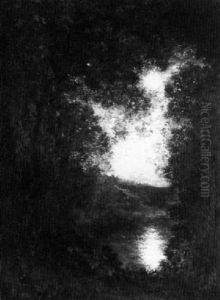 Moonlit Forest Clearing With Pond