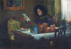 Interior Med Lasande Ung Kvinna by Joseph Milner Kite