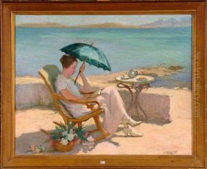 Jeune Femme Lisant Au Bord De La Mer by Joseph Milner Kite