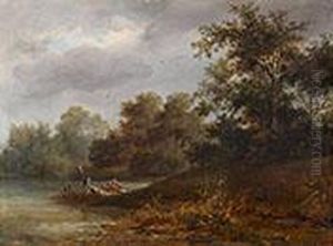 Kleine Flusslandschaft Mit Zwei Fischern Und Ihrem Boot Kleine Flusslandschaft Mit Zwei Fischern Und Ihrem Boot