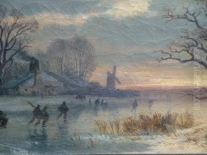 Figures On A Frozen Winter River Landscape by Julius Bayer