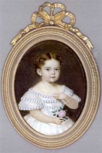 A Child Holding A Pink Rose In Her Right Hand, In Lace-bordered White Dress With Blue And White Striped Braiding, Fair Hair Centre-parted