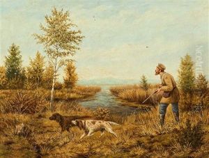 Jager Begleitet Von Zwei Hunden In Weiter Russischer Moorlandschaft by Aleksei Danilovich Kivshenko