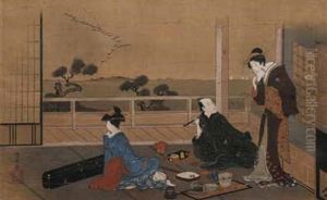 Zwei Damen Und Ein Herr Auf Einer Veranda Mit Blick Auf Einen See Und Kiefern by Torii Kiyonaga