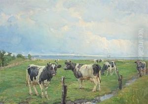 Grazing Cows Near A Coast by Harold Kjaer