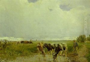 Landskab Med Bonde Og Koer Ved Et Vandhul