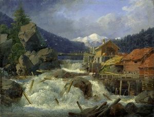 Sagemuhle An Einem Wasserfall In Norwegen by Anton Edvard Kjeldrup
