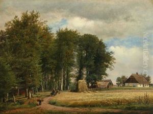 At The Edge Of The Forrest With House, Horse Carriage And Persons