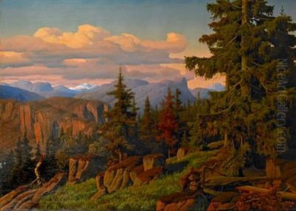 View Of A Mountainous Norwegian Landscape With Spruces In The Foreground - view 1