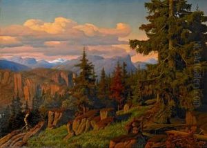 View Of A Mountainous Norwegian Landscape With Spruces In The Foreground