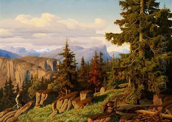 View Of A Mountainous Norwegian Landscape With Spruces In The Foreground - view 1