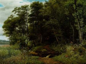 Skovparti Med Gangbro Over Alob, I Forgrunden Vilde Blomster Og Graesser by Anton Edvard Kjeldrup