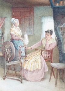 Interior With Young Woman Seated At A Spinning Wheel by Alfred Walter Bayes